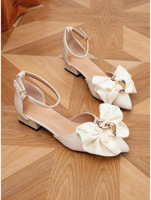 KAILAIDENG Shoes Fashionable Ankle Strap Flats For Women, Bow & Chain Decor Flats