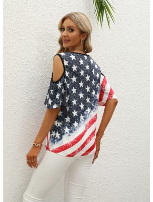 BANGELY American Flag Cold Shoulder Shirt Women 4th of July Patriotic Shirt Stars Stripes Short Sleeve Top Tees
