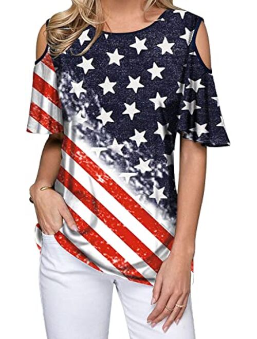 BANGELY American Flag Cold Shoulder Shirt Women 4th of July Patriotic Shirt Stars Stripes Short Sleeve Top Tees