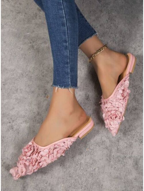 SolarCity Shoes Women Flower Decor Point Toe Flat Mules, Fabric Elegant Flats