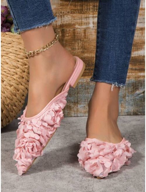 SolarCity Shoes Women Flower Decor Point Toe Flat Mules, Fabric Elegant Flats