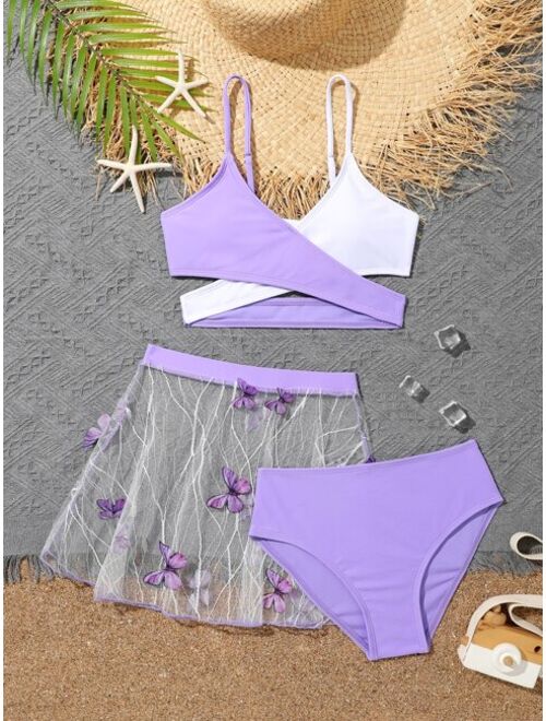 Shein Girls Two Tone Wrap Cross Bikini Swimsuit & Butterfly Print Beach Skirt