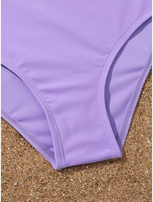 Shein Girls Two Tone Wrap Cross Bikini Swimsuit & Butterfly Print Beach Skirt