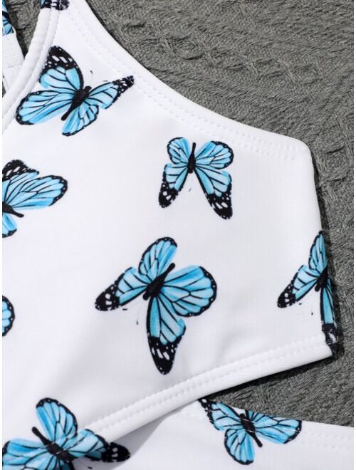Shein Girls 3pack Butterfly Print Criss Cross Bikini Swimsuit With Pants