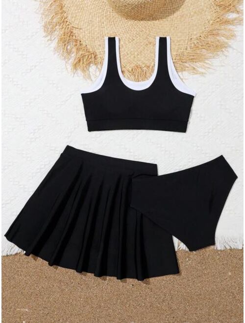 Shein Girls Letter Graphic Contrast Binding Bikini Swimsuit With Beach Skirt
