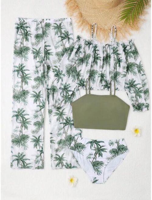 Shein Teen Girls Tropical Print Bikini Swimsuit With Cover Up Set