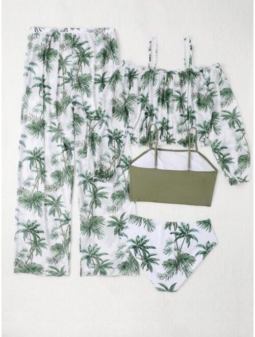 Shein Teen Girls Tropical Print Bikini Swimsuit With Cover Up Set
