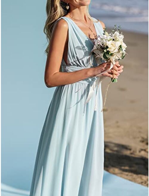 CUPSHE X Madison Women Beach Wedding Something Blue Chiffon Maxi Dress Flowy Ruched Tank Dresses