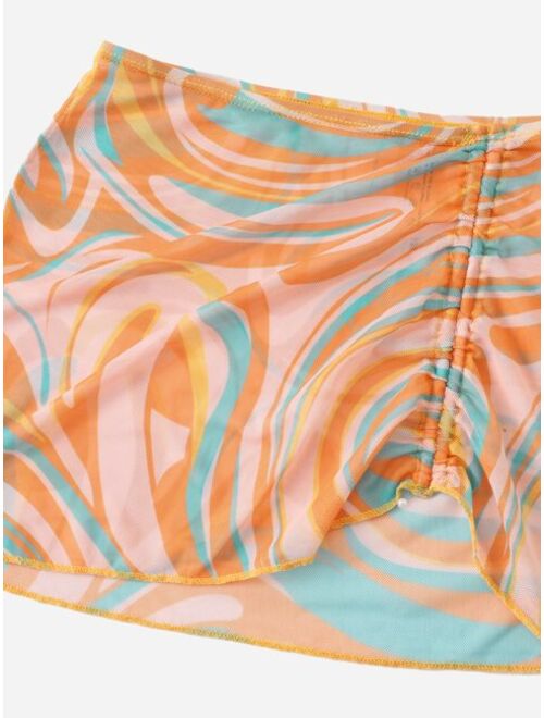 Shein Girls 4pack Fluid Pattern Halter Bikini Swimsuit & Cover Up Top With Skirt Set