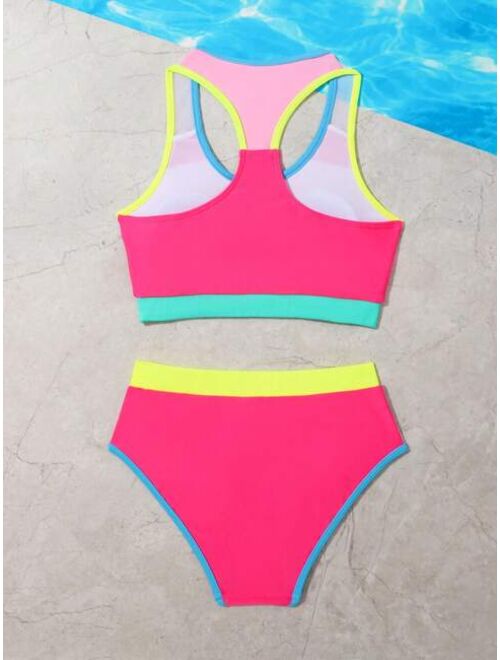 Shein Girls Colorblock Contrast Binding Bikini Swimsuit