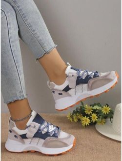 CAIYIFA Women Color Block Lace-up Front Wedge Sneakers, Sporty Sneakers