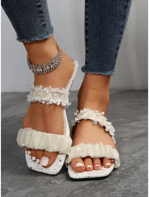Shein Women Ruffle Decor Ruched Detail Slide Sandals, Fashion Sandals