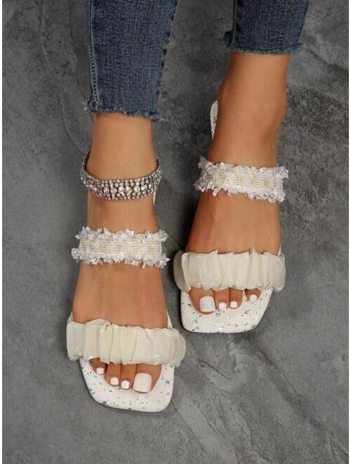Shein Women Ruffle Decor Ruched Detail Slide Sandals, Fashion Sandals