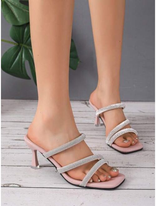 Shein Women Rhinestone Decor Pyramid Heeled Mule Sandals, Glamorous Summer Sandals