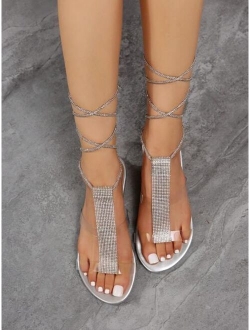 XIaoXueJie Women Rhinestone Flower Decor Strappy Sandals, Glamorous PVC Flat Sandals For Summer