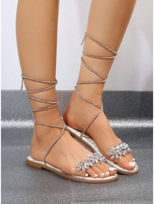 XIaoXueJie Women Rhinestone Flower Decor Strappy Sandals, Glamorous PVC Flat Sandals For Summer