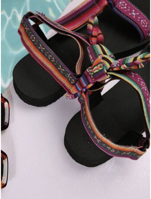 Shein Sporty Sport Sandals For Women, Geometric Pattern Bow Decor Sandals