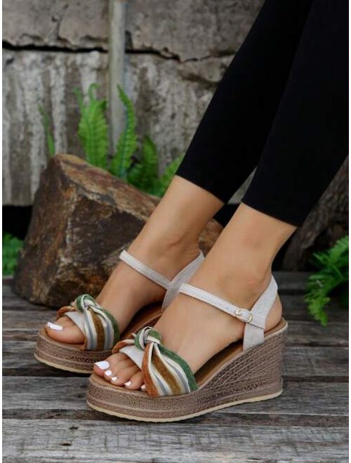 Fenyazi Vacation Sandals For Women, Color Block Knot Decor Ankle Strap Wedge Sandals