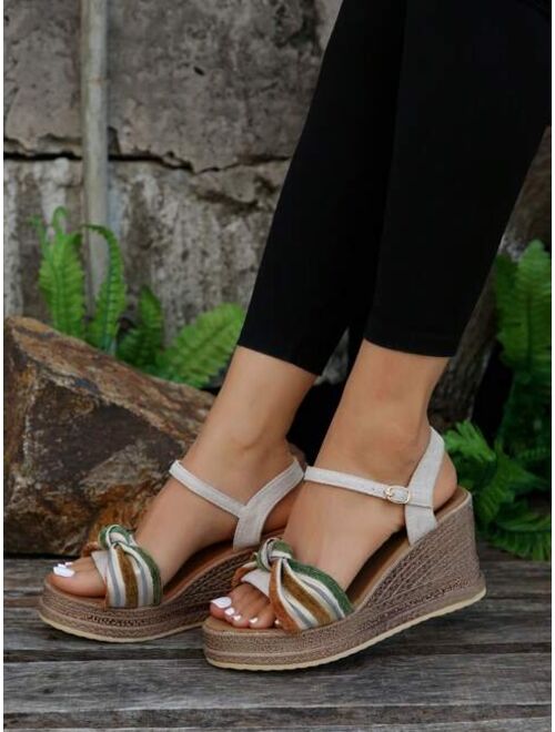 Fenyazi Vacation Sandals For Women, Color Block Knot Decor Ankle Strap Wedge Sandals
