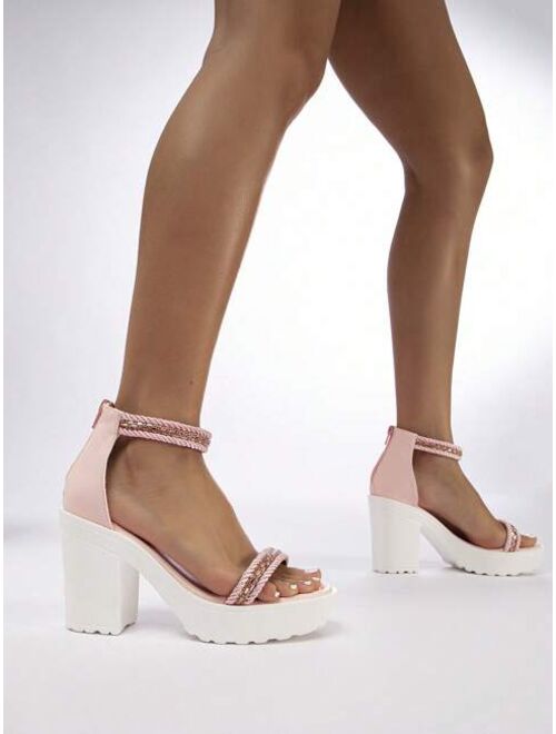 Shein Women Rhinestone Decor Platform Chunky Heeled Ankle Strap Sandals, Fashion Summer Heeled Sandals