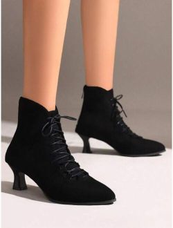 Women Minimalist Lace-up Front Classic Boots, Faux Suede Point Toe Heeled Elegant Boots