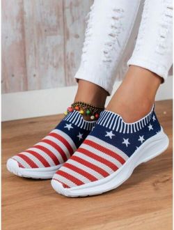 Sporty Running Shoes For Women, Flag Pattern Knit Detail Slip-on Sneakers