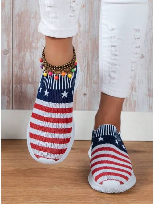 Shein Sporty Running Shoes For Women, Flag Pattern Knit Detail Slip-on Sneakers