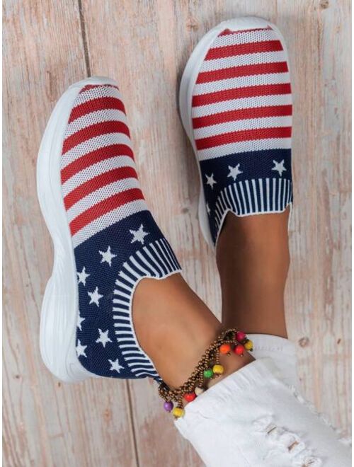 Shein Sporty Running Shoes For Women, Flag Pattern Knit Detail Slip-on Sneakers