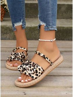 Women Leopard Pattern Bow Decor Slide Sandals, Vacation Canvas Flat Sandals