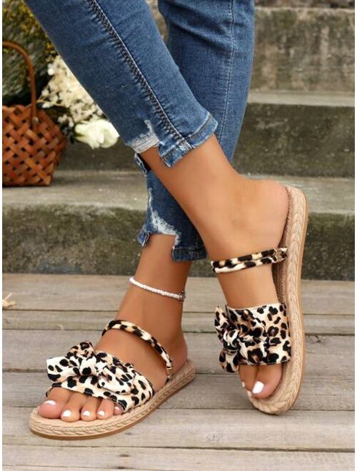 Shein Women Leopard Pattern Bow Decor Slide Sandals, Vacation Canvas Flat Sandals