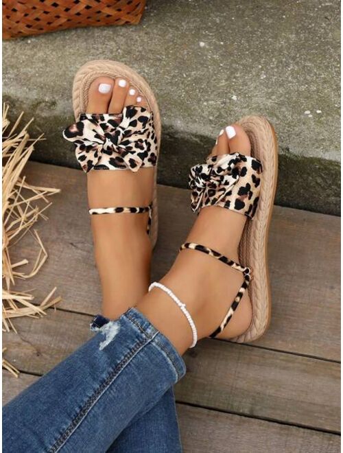 Shein Women Leopard Pattern Bow Decor Slide Sandals, Vacation Canvas Flat Sandals