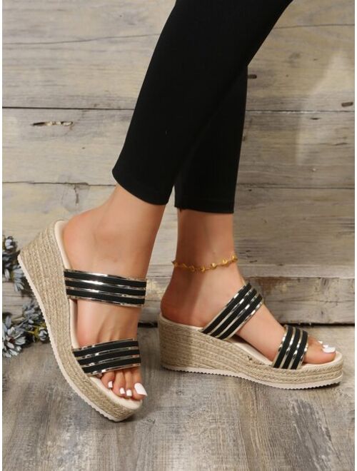 Shein Women Double Strap Espadrille Sole Sandals, Vacation Summer Wedge Slide Sandals