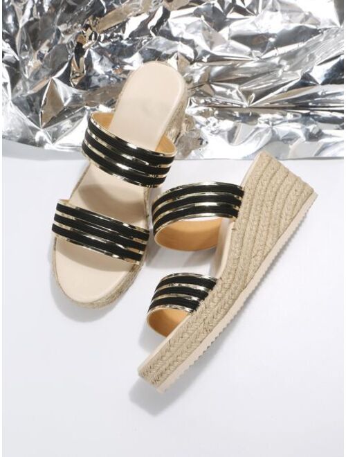 Shein Women Double Strap Espadrille Sole Sandals, Vacation Summer Wedge Slide Sandals