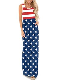 For G and PL Women's American Flag July 4th Sleeveless Tank Maxi Dress with Pockets