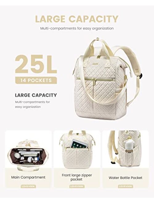 LOVEVOOK Laptop Backpack for Women Wide Open Computer Work Bag Business Travel Backpack Quilted Convertible Tote Backpack Purse 15.6 inch Teacher Nurse Computer Laptop Ba