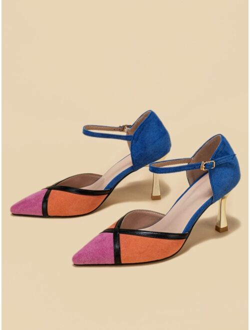 SolecraftKJM Color Block Faux Suede Point Toe Pyramid Heeled Ankle Strap Pumps