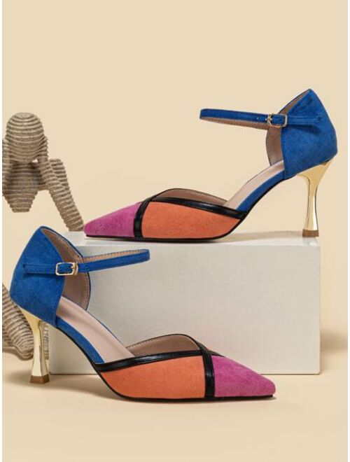 SolecraftKJM Color Block Faux Suede Point Toe Pyramid Heeled Ankle Strap Pumps