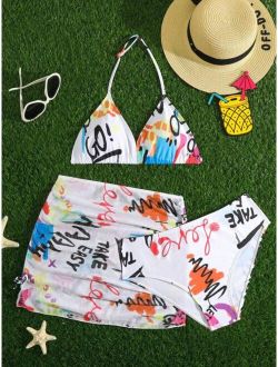 Teen Girls Letter Graphic Bikini Swimsuit With Beach Skirt