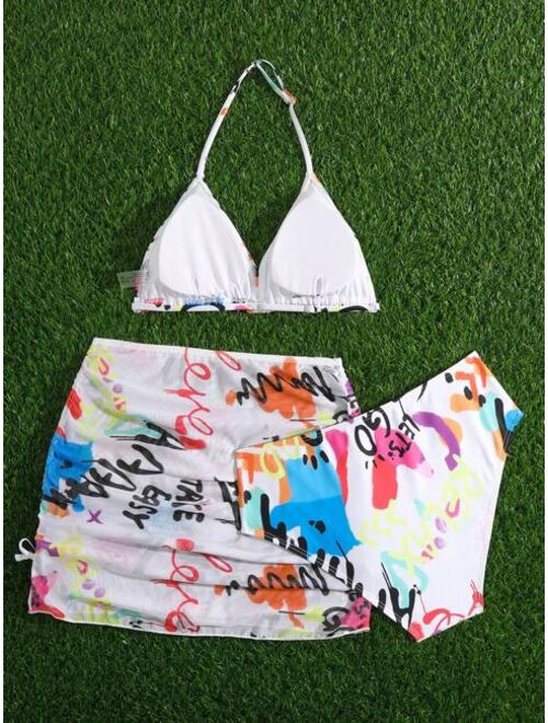 Shein Teen Girls Letter Graphic Bikini Swimsuit With Beach Skirt