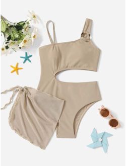Girls Cut-out One Piece Swimsuit With Beach Skirt
