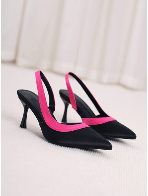 WEIBENA Two Tone Point Toe Pyramid Heeled Satin Slingback Pumps