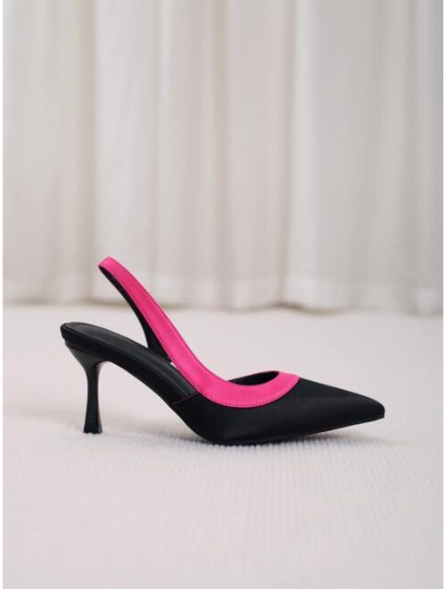 WEIBENA Two Tone Point Toe Pyramid Heeled Satin Slingback Pumps