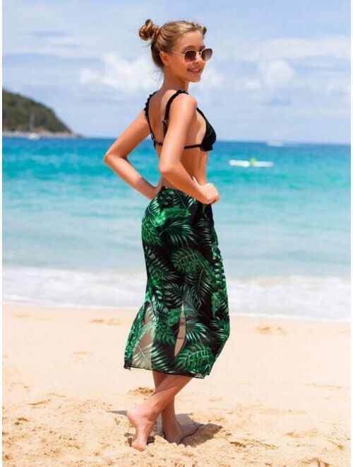 Shein Teen Girls 3pack Tropical Print Ruffle Trim Bikini Swimsuit With Beach Skirt
