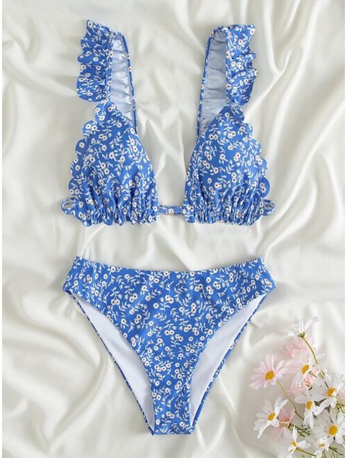 SHEIN Teen Girls Ditsy Floral Print Frill Trim Bikini Swimsuit