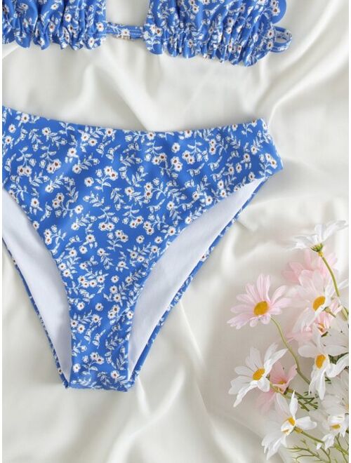 SHEIN Teen Girls Ditsy Floral Print Frill Trim Bikini Swimsuit