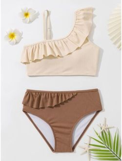 Girls Colorblock Ruffle Trim Asymmetrical Neck Bikini Swimsuit