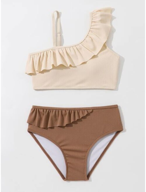 Shein Girls Colorblock Ruffle Trim Asymmetrical Neck Bikini Swimsuit