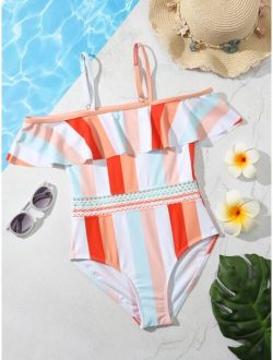 Girls Colorful Stripe Off The Shoulder One Piece Swimsuit