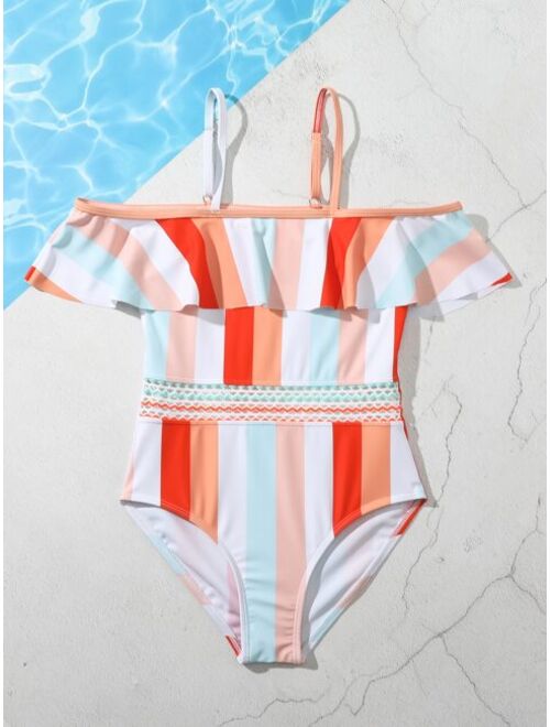 Shein Girls Colorful Stripe Off The Shoulder One Piece Swimsuit