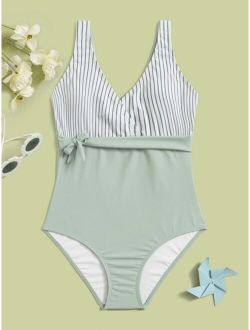 Teen Girls Striped Knot Front One Piece Swimsuit